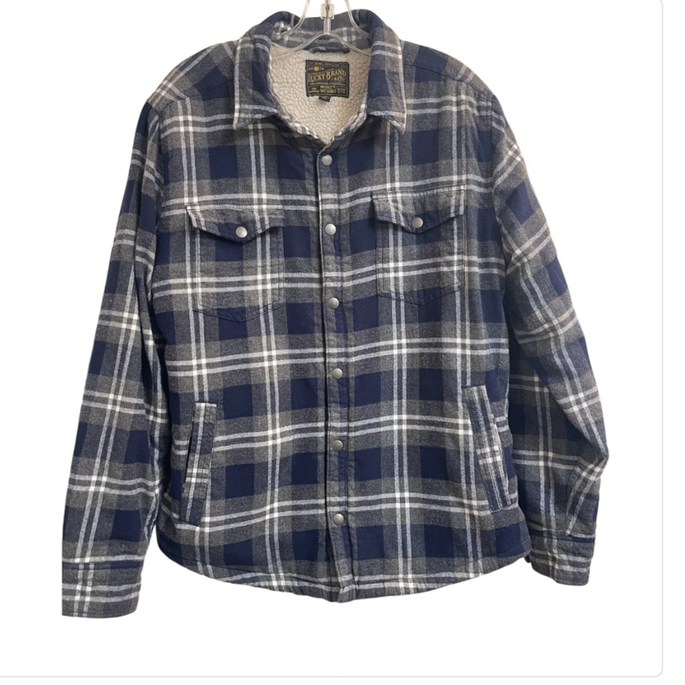 Lucky Brand Sherpa-Lined Plaid Flannel Jacket - Blue and Gray, Size Men’s Large - Picture 2 of 15